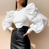 Rarove Autumn outfits 2023 Retro Womens Long Puff Sleeve Blouse Shirts Spring Fall Black White Solid Fashion Elegant Blouses And Tops Female Clothes