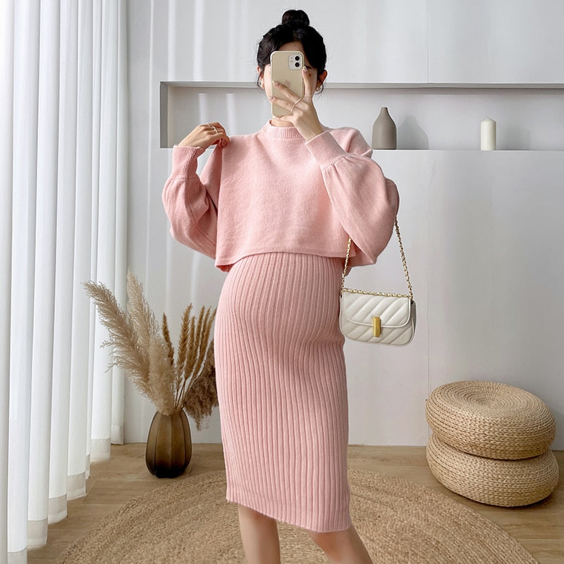 Rarove Thanksgiving 2PCS/Set Autumn Winter Korean Fashion Knitted Maternity Sweaters Dress Suits A Line Slim Clothes For Pregnant Women Lovely