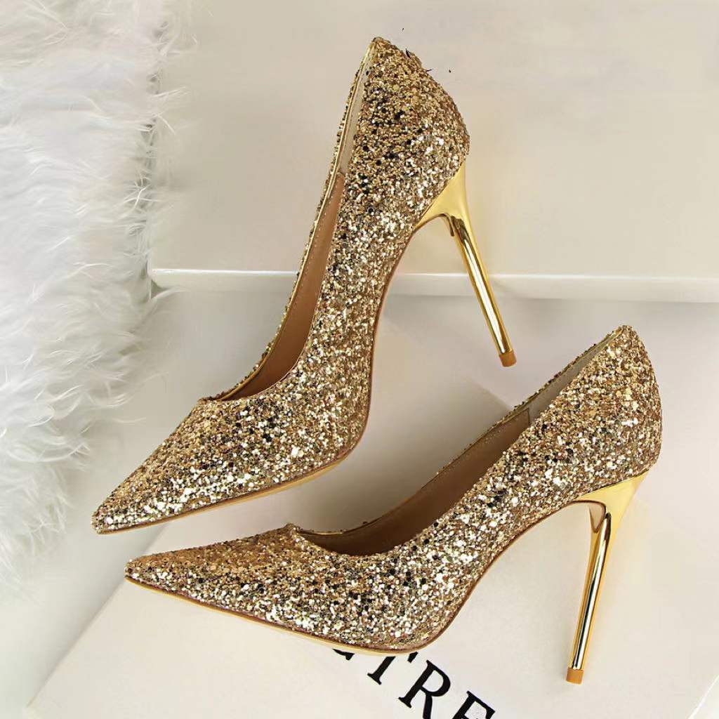 Plus Size 43 2022 Summer Women Glitter Rhinestones Shoes High Heel Spring Genuine Leather Pointed Sexy Crystal Party Prom Shoes