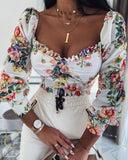 Rarove Women Puff Sleeve Crop Tops Blouses 2023 Summer Autumn Long Sleeve Square Neck Vintage Shirts Corset Floral Elegant Tops Female