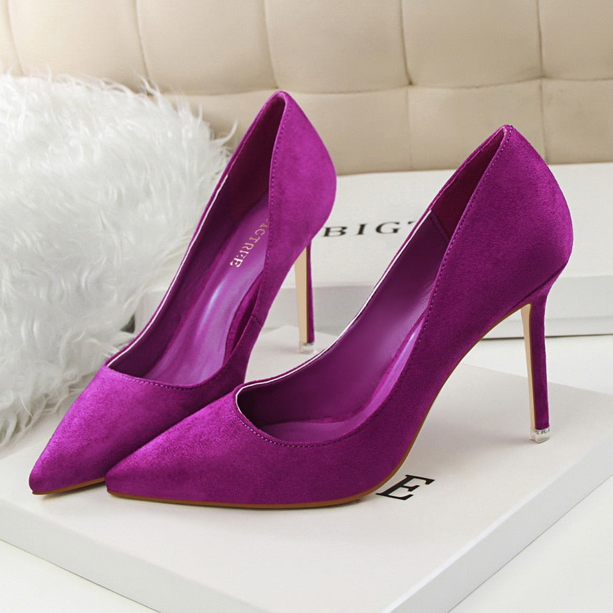Rarove Elegant 10cm High Heels Woman Green Purple Burgundy Pumps Lady Flock Classic Scarpin Bridal Plus Size 43 Party Prom Shoes