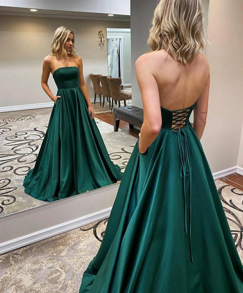 Rarove Long Satin Green Prom Dresses with Pockets Strapless Maxi Corset Back Formal Evening Homecoming Party Gowns