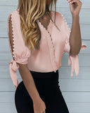 Rarove Black Friday Women's Shirts Lace V-Neck Button Solid Color Bandage Beaded Slit Half Sleeve Shirt Tops