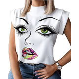 Women Lips Printed T Shirt Ladies Casual Stand Neck Tee Tops Short Sleeve Streetwear Summer Floral Plus Size Pullover T-shirts