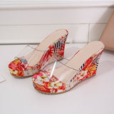 Rarove Women Wedges Slippers High Heels Platform Casual Ladies Slides Summer Retro Transparent Floral Thick-Sole Slippers Ethnic Style