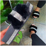 Rarove Back to School Designer Women Fur Rhinestone Slippers Platform Wedges Heel Solid Fluffy Furry Slides Outside Sexy Shoes Ladies Sapatos De Mujer