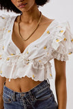 Rarove Women Sweet Fashion Floral Embroidery Ruffled Blouses Vintage V Neck Short Sleeve Female Shirts Blusas Chic Tops