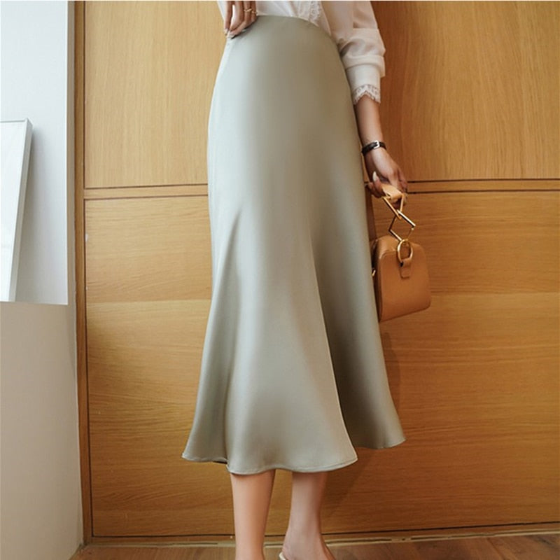 RAROVE Women Summer Midi  High Waist Satin Skirt  Elegant A-Line Solid Office Ladies Skirts