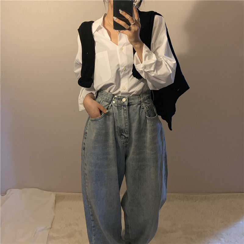 Women Solid White Blouses Simple Casual Shirts Oversize 4XL Turn-down Collar Pockets Basic Tops Korean Style Loose All-match INS