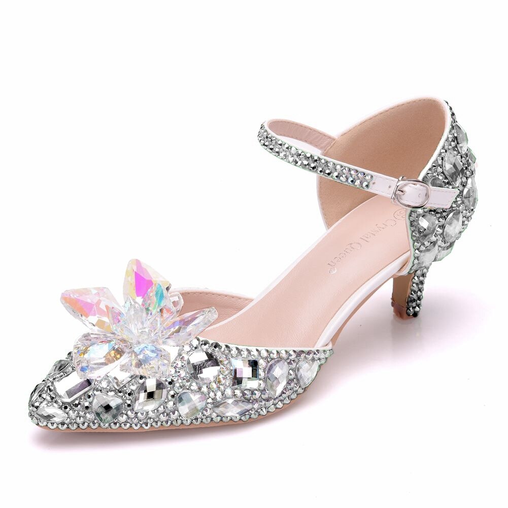Crystal Queen 5CM Pointed Toe Bride Wedding Shoes Cinderella Prom Pumps Ankle Strap Buckle Rhinestone Mary Janes High Heels