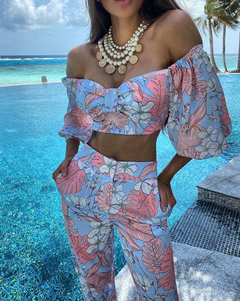 Rarove Women Fashion Two Piece Sets Print  Suits Summer Beach Streetwear Autumn 2 Piece Setstops +Elegant Long Pants