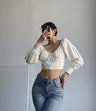 Rarove Autumn New Women's Fashion Retro Style Long Sleeve Back Elastic White Cotton Shirt Short Crop Blouse