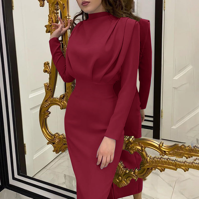 InstaHot Elegant Women Dress Stand Collar Slim Waist Solid Blue Ankle Length Autumn Long Sleeve Casual Party Dress 2020 Fashion