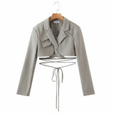 Rarove Gray Double Layer Bandage Slim Blazer Women Long Sleeve Pocket Short Jacket Female Notched Collar Outwear Tops New