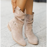 Rarove Winter Warm Women Boots Vintage Suede Shoes Lady Buckle Mid-Calf Boot Thick Low Heel Zipper Female Pointed Booties Outdoor