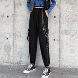 RAROVE Harajuku Techwear Women Black Cargo Pants Punk Chain Wide Leg Trousers For Female Hip Hop Mall Goth Streetwear Joggers
