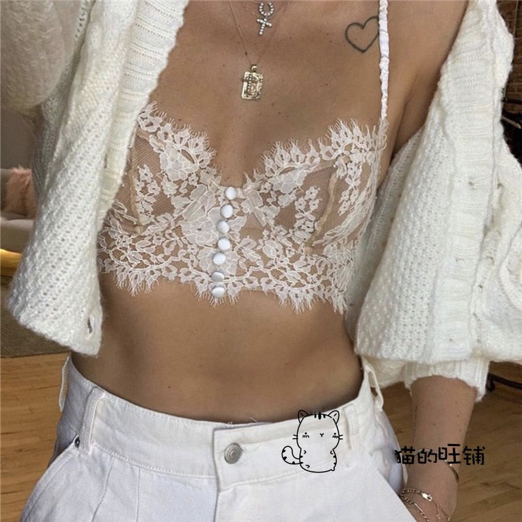 Rarove Button White Lace Bralette Sexy Backless Crop Tops Women 2022 Sleeveless Summer Cropped Feminino Tops Underwear