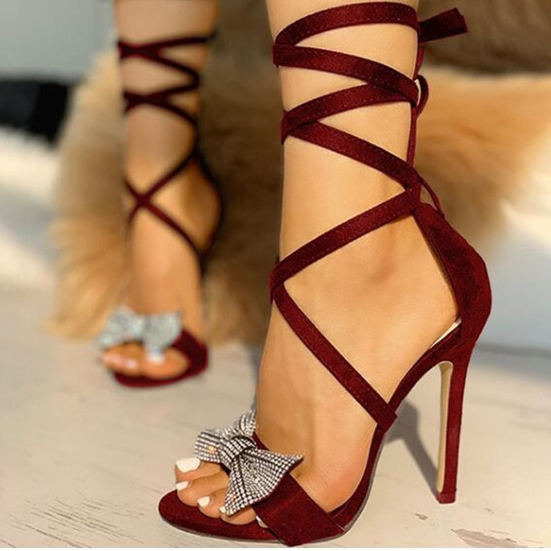 Rarove Rhinestones Women Pumps Crystal Bowknot Summer Lady Shoes Open Toe High Heels Party Prom Shoes
