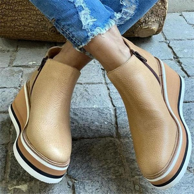Rarove Back to school supplies Fashion Women Short Boots Round Toe High Top Platform Wedges Retro Booties Soft Leather Zipper Comfortable Ankle Boots For Woman