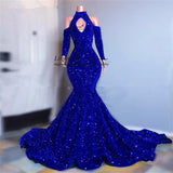 Rarove  Royal Blue Mermaid Prom Dresses With Sequins Elegant Long Sleeves Formal Evening Gowns Off Shoulder Robe De Soiree