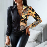 Rarove Women Fashion Shirt Lady Long Sleeve Blouse Turn-Down Collarbutton Design Print  Casual Shirts