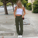 Green Vintage Baggy Jeans Women'S Pockets Wide Leg Cargo Pants Streetwear Casual Y2K Low Waist Denim Straight Trouser