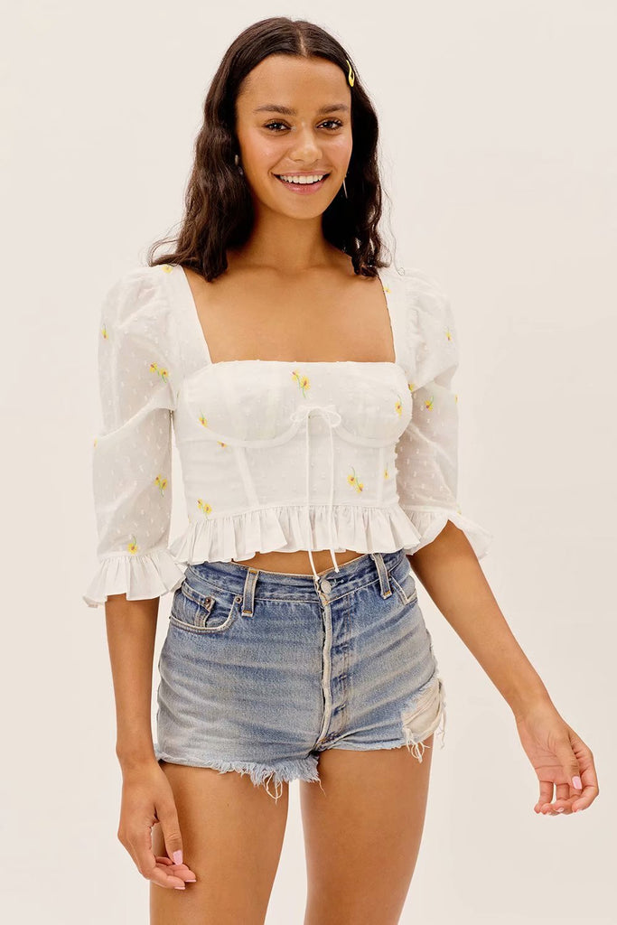 Rarove Spring And Summer Blouses Women New Retro Daisy Embroidery Ruffled Short Sleeve Corset Shirt Top Pullover Blouse