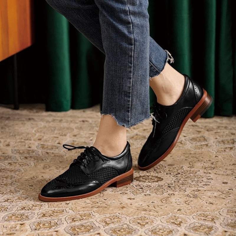 Rarove Black Friday Women Oxford Flats Spring/Autumn Shoes For Woman Genuine Leather Brogues Vintage Lace Up Loafers Casual Weave Black Girls Shoes