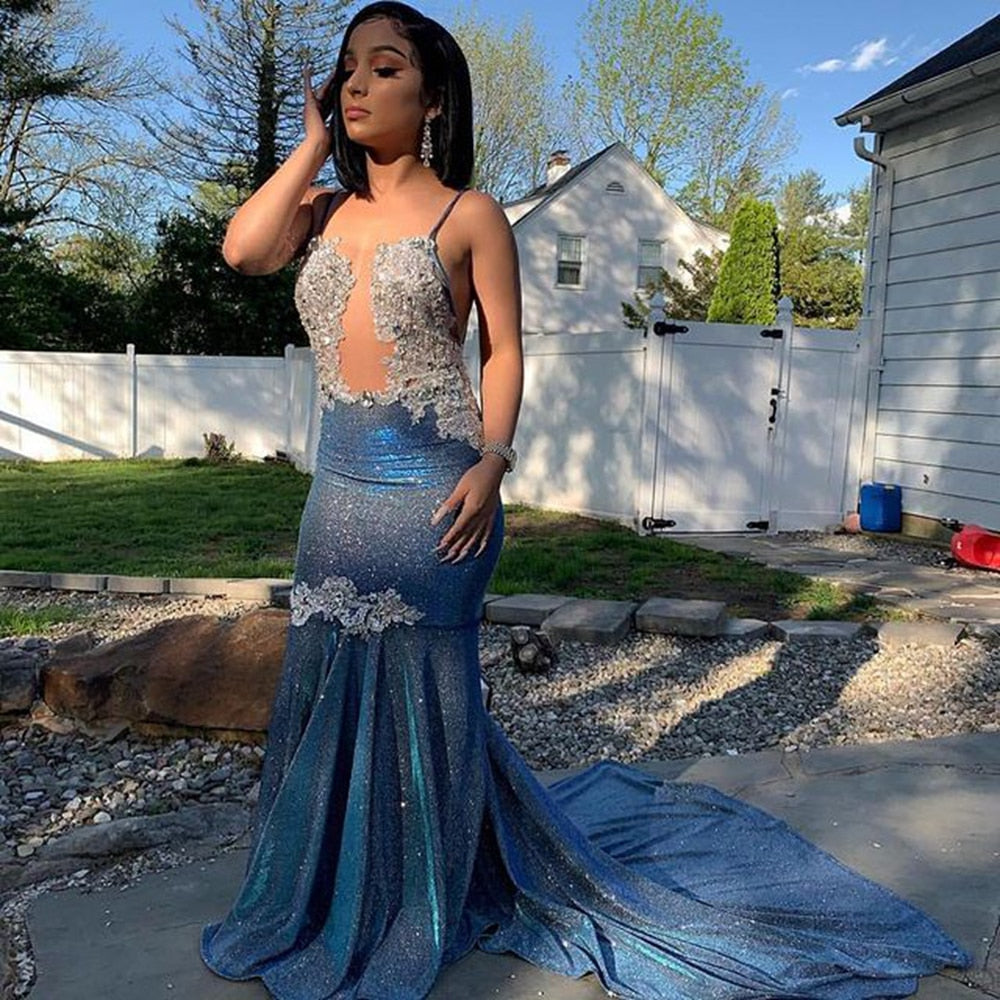 Rarove Fitted Long Sexy Prom Dresses Sheer Top Beaded Lace Sparkly Navy Blue African Black Girls Real Picture Prom Gala Gowns