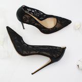 Graduation Prom Summer Black White Mesh Lace High Heels Female Ladies Thin Heeled For Women Pointed Toe Pumps Sexy Woman Party Prom Shoes D017A
