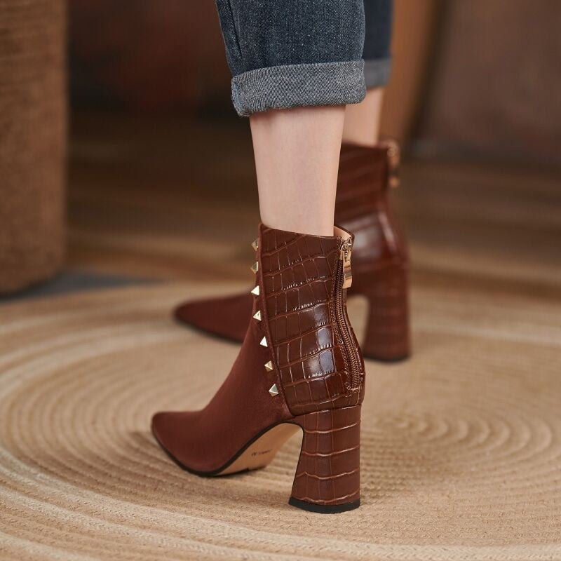 Rarove Fall Outfit Rivet Women's Boots Pointed Toe High Square Heel Velvet Ladies Ankle Boots Winter Office Lady Fashion Gentle Female Shoes