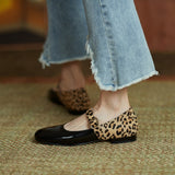 Rarove Black Friday 2022 Spring Women Pumps Patent Leather Round Toe Splicing Leopard Print One-Line Buckle Low-Heel Women's Shoes Mary Jane Shoes