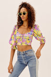 Rarove Vintage Multicolor Print Pleated Crop Top Women Sexy V Neck Puff Sleeve Holiday Boho Summer Tops Fashion Blusas