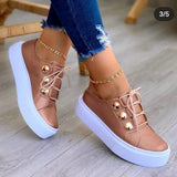 Rarove Fall Outfit 2022 Fall Ladies Casual Shoes Leather Lace Up White Women Mesh Sneakers Thick Soled Metal Decoration Breathable Female Flat