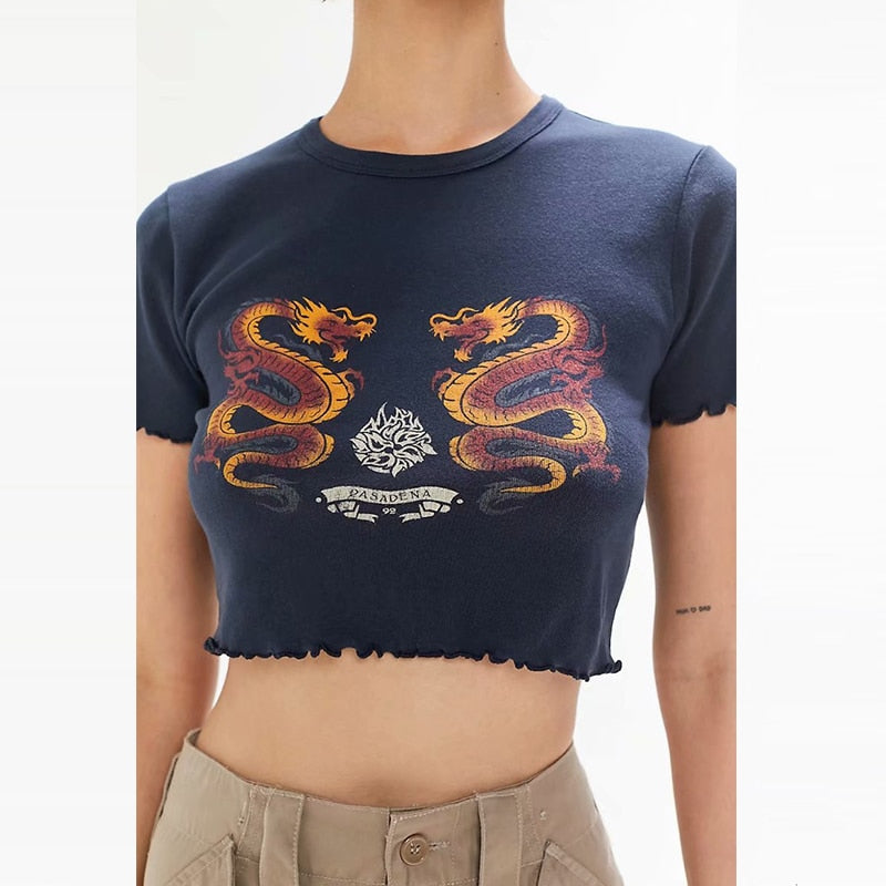 Rarove Navy Blue Tshirt Women Cartoon Tees Summer Tops Fashion Casual Female Oversized Crop T-Shirt Streetwear Summer Vestidos