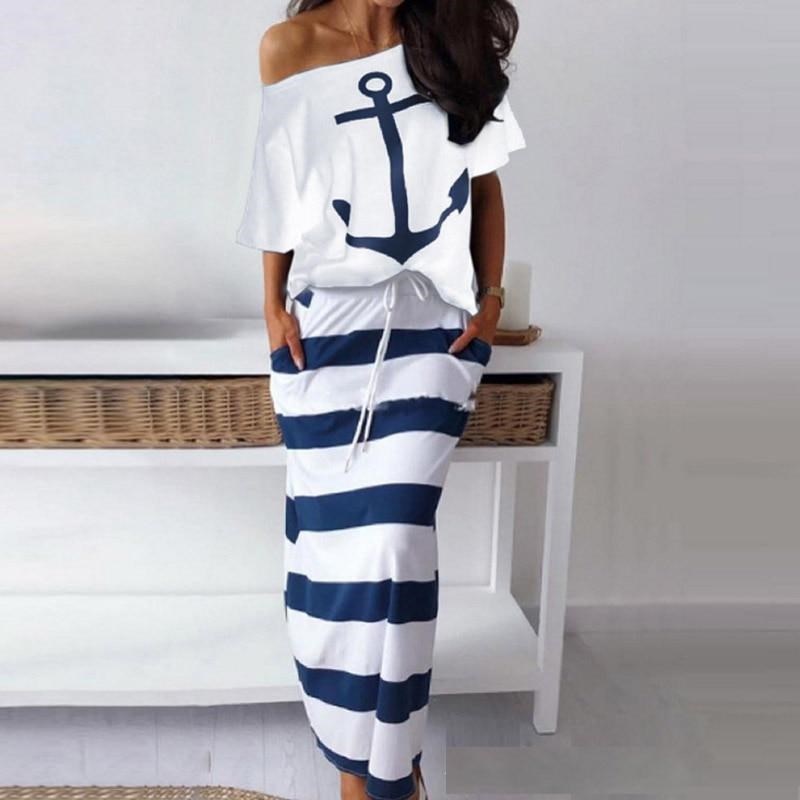 Women Off Shoulder Blouses T-shirt & Striped Maxi Dress Summer Slim Slash Neck 2 Pieces Sets Female Casual Ankle-Length Dress