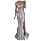 Rarove Graduation Prom Women Elegant Sequined Dresses Sleeveless V Neck Prom Party Ball Gown Sexy Women Gold Evening Bridesmaid Long Party Dress