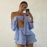 Rarove summer dresses for women 2024 Fashion Casual Striped Blouse Shirts And Shorts Matching Set Loose Shirt Sleeve Top Outfits Summer Women Set