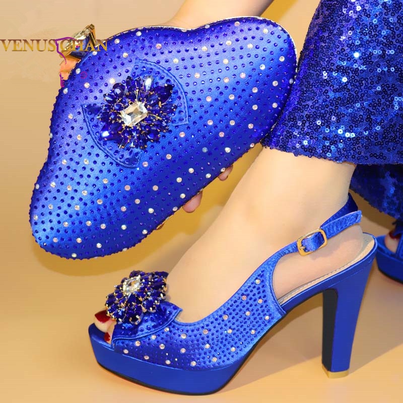 2022 New Blue Color Italian Matching Shoes and Bag Sets African for Party In Women Slippers for Wedding Rhinestones and Diamonds