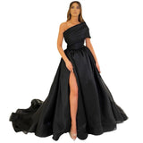 Rarove Graduation Prom Black One Shoulder Organza Evening Prom Dresses Sleeveless vestidos de fiesta Side Split Party Ball Gown