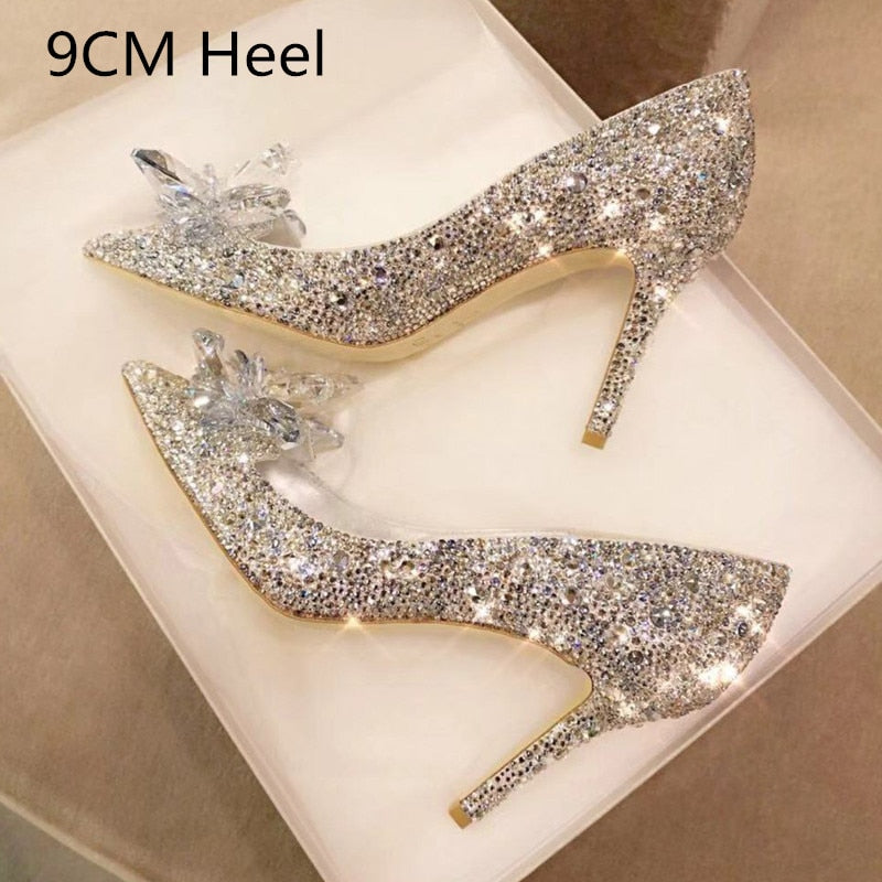 Rarove Newest  Cinderella Shoes Rhinestone High Heels Women Pumps Pointed toe Woman Crystal Party Wedding Shoes 5cm/7cm/9cm