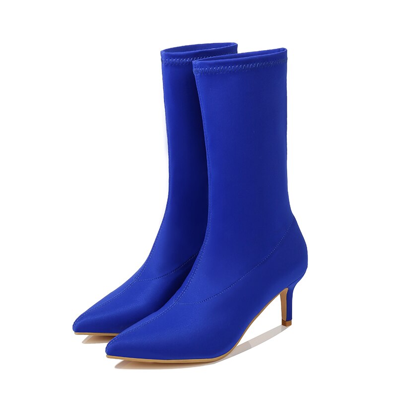 2022 Women Stretch Yellow Boots 7cm High Heels Short Ankle Boots Lady Combat Low Heels Fetish Cool Stripper Blue Red Fall Shoes