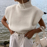 Elegant Turtleneck Knitting Waistcoat Women Autumn Casual All-Match Pullover Sweater Female Pure Basic Streetwear Vest-1
