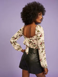 Rarove Spring Summer Print Blouse Square Collar Short Chiffon Top Women's Fashion Long Sleeves Casual Shirt