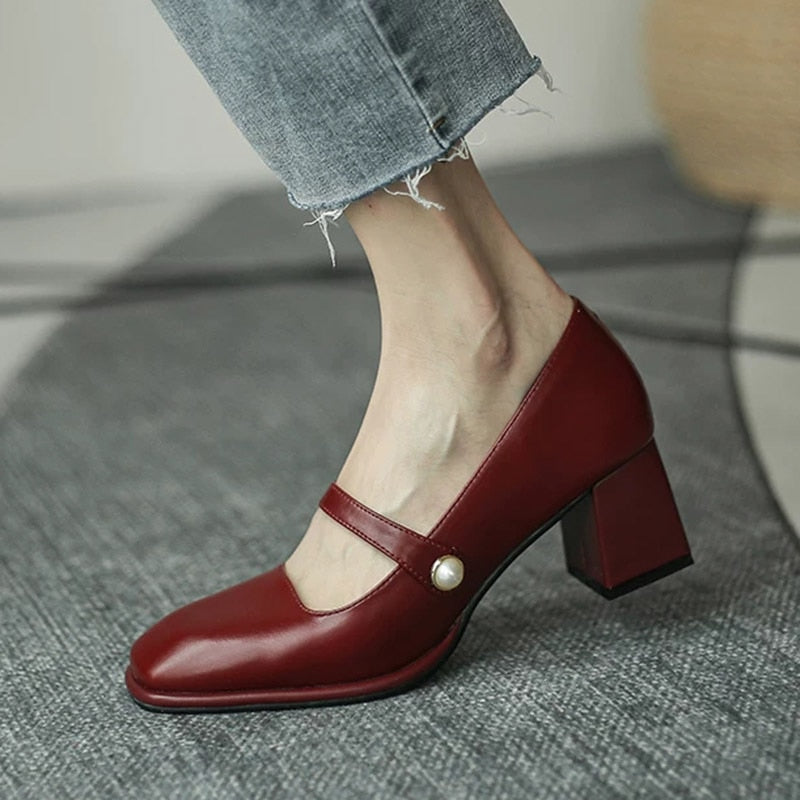 Rarove Fall Outfit Mary Janes Shoes Autumn Shallow Square Toe Women's Pumps Pearl Buckle Elegant Ladies Office Shoes Low Heeled Shoes