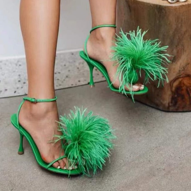 41 Size Ostrich Feather High Heels Sandals Women 2022 Designer Ladies Party Dance Stripper Shoes Summer Flip Flops