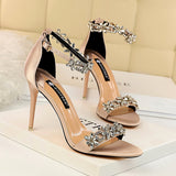 Rarove 2024 Women 9cm High Heels Crystal Sandals Wedding Bridal Stiletto Heels Sandles Glitter Prom Elegant Stripper Satin Strap Shoes
