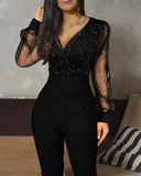 Rarove Back to School Women Fashion Sheer Mesh Long Sleeve Jumpsuits One-Piece Outfit V Neck Glitter Ruched Wrap Jumpsuit