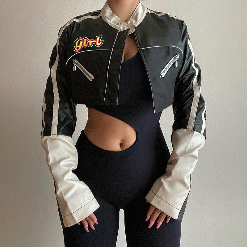 Rarove Faux Leather Biker Jackets Women Patchwork Long Sleeve Zipper Cropped Coats Streetwear Autumn Punk PU Outerwear New