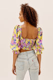 Rarove Vintage Multicolor Print Pleated Crop Top Women Sexy V Neck Puff Sleeve Holiday Boho Summer Tops Fashion Blusas